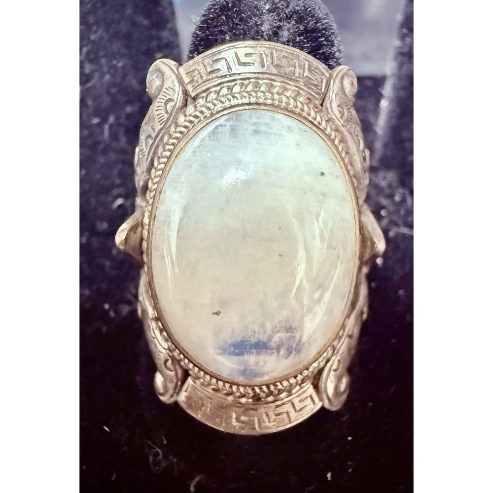 925 Sterling Silver Rainbow Moonstone Greek Key Statement Ring Size 8.75 VTG